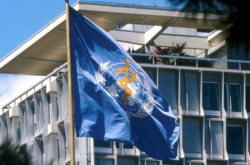 The flag of the UN World Health Organization (WHO) flies at its headquarters in Geneva, Switzerland. WHO/P. Virot