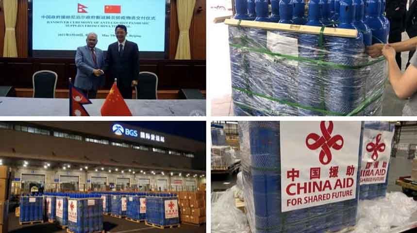 Nepali Ambassador to China receiving medical equipment donated by China in Beijing and equipment arrived in Kathmandu. 