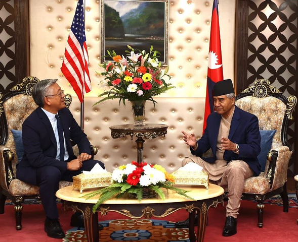 
US Assistant Secretary of State for South and Central Asian Affairs Donald Lu paying a courtesy call on Prime Minister Sher Bahadur Deuba at latter’s official residence in Baluwatar Thursday evening.
