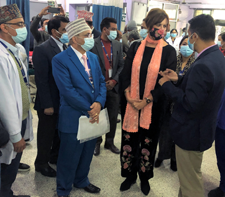 Australian Ambassador to Nepal, Ms. Felicity Volk taking stock of various information after handing over medical equipment to the COVID-19 Unified Central Hospital at the Bir Hospital under the National Academy of Medical Sciences (NAMS), Thursday. Embassy Photo
