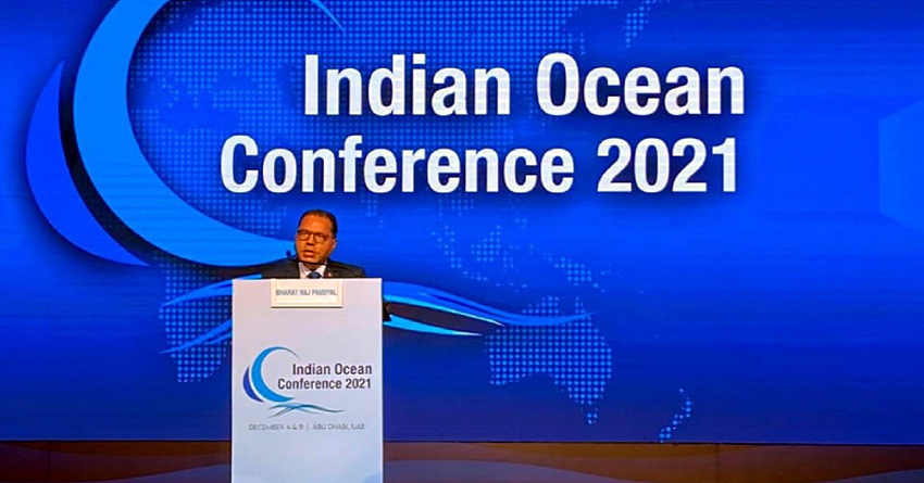 Secretary at the Ministry of Foreign Affairs (MoFA) Bharat Raj Poudyal addressing the Fifth Indian Ocean Conference in the UAE capital Abu Dhabi on Sunday. Twitter photo