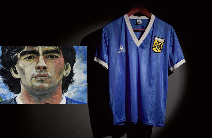 Jersey worn by Diego Maradona when he scored his infamous “Hand of God” goal against England at the 1986 World Cup. 