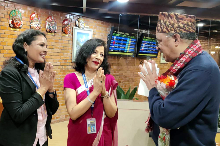 Two lady officials from the Ministry of Foreign Affairs and Ministry of Health and Population bidding farewell to WHO Director General Dr. Tedros Adhanoma Gabrias at Tribhuvan International Airport, Kathmandu on Saturday. Photo: MOFA