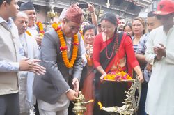 Minister for Tourism Jeevan Ram Shrestha inaugurating the newly reconstructed Wongha Dabu (local stage) at Indra Chowk amidst a program organized on Saturday July 30, 2022 in Indra Chowk of Kathmandu                                     
Photo Natikaji Maharjan
