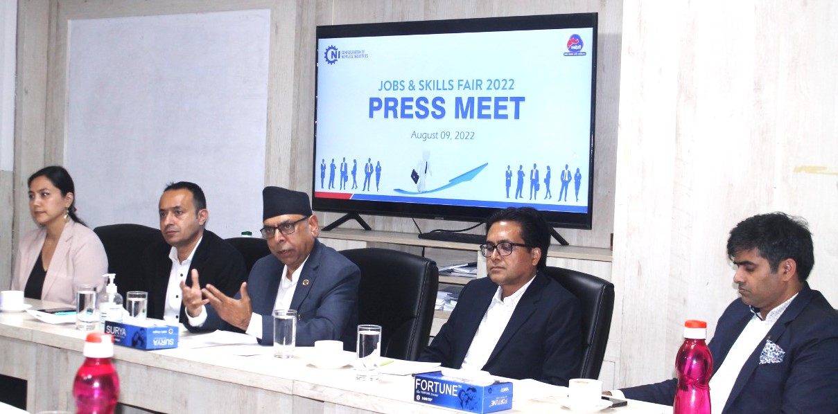 The officials of the Confederation of Nepal Industry (CNI) briefing on the vivid aspects of “CNI Jobs & Skills Fair 2022” to be held in Kathmandu from November 3 to November 6, 2022.