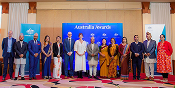 Recipients of the Australia Awards 2023 with Chief Secretary Shankar Das Bairagi, Australia’s Ambassador to Nepal and Australian Embassy officials during the Australia Awards Ceremony in Kathmandu on Friday, 9 December 2022. Photo: Australian Embassy