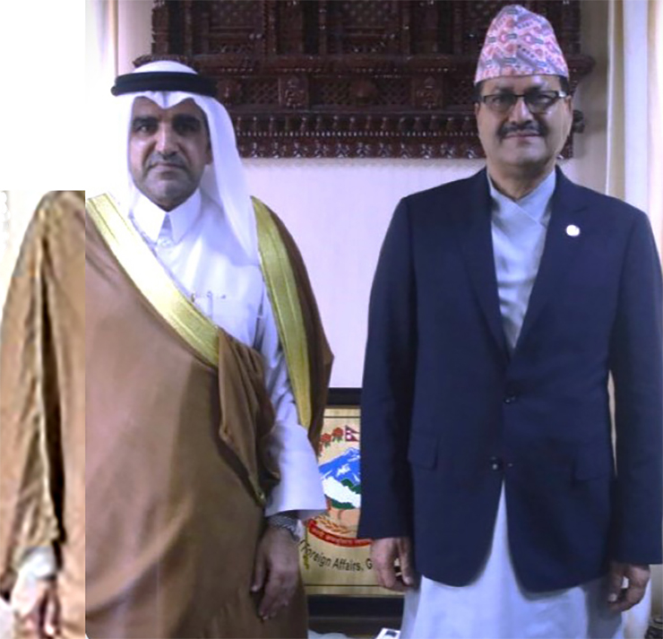 Minister of Foreign Affairs Narayan Prasad Saud and Ambassador of the State of Qatar to Nepal H. E. Yousuf bin Mohammed Al-Hail during the meeting at the Foreign Ministry on Tuesday, May 16, 2023.