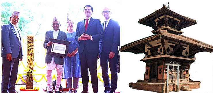 An artifact of the13th century Ratneshwar Temple (side) located at Lalitpur,  Kathmandu Valley is being handed over to the chief priest of the temple amidst a function organized in Lalitpur Tuesday on May 16.