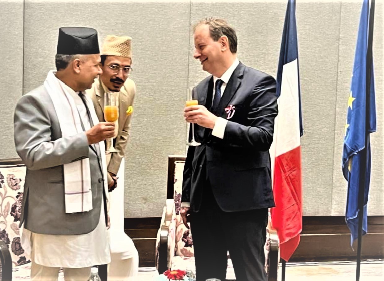 Vice-President of Nepal Ram Sahaya Yadav and Ambassador of France to Nepal HE Gilles Bourbao cheers to mark the Bastille Day reception function in Kathmandu on July 14.