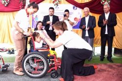 Australia’s Ambassador to Nepal HE Felicity Volk awarded medals to a cerebral palsy child who had participated in an Australian Government funded community sports program, Sports for Children and Adults with Cerebral Palsy.
Image Australian Embassy
