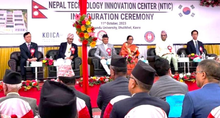 President Ramchandra Paudel along with the Ambassador of the Republic of Korea and other dignitaries at dais during the opening ceremony of NTIC on 11 October 2023.