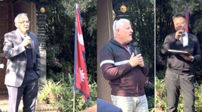 Israeli Ambassador Hanan Goder Dr. Clive Lipchin and Professor Dr. Bim Prasad Shrestha respectively from left to right delivering  their speeches at the event organized on Friday January 12, 2024 in Kathmandu.