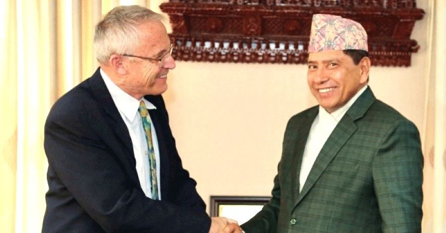 Israeli Ambassador Hanan Goder paying a courtesy call meeting with Deputy Prime Minister and Foreign Minister Narayan Kaji Shrestha at his office in Singh Durbar on Tuesday. RSS Photo with credit.