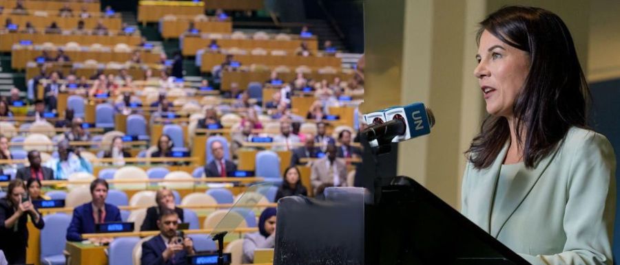 President of the UN General Assembly (UNGA) H.E. Ms. Annalena Baerbock giving her opening remarks at the 80th session of the UN General Assembly (UNGA) on Tuesday, September 9, 2025, at the United Nations headquarters in New York. Edited image 