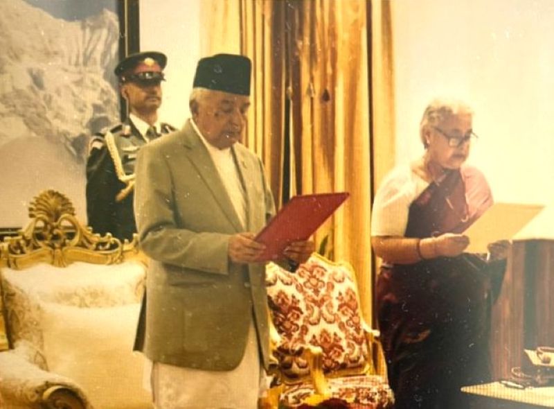 President of Nepal Ramchandra Poudel administering the Oath of Office to the newly appointed Prime Minister Sushila Karki amidst a small function organized at the President office Sheetal Niwas on Friday night 12 September, 2025.