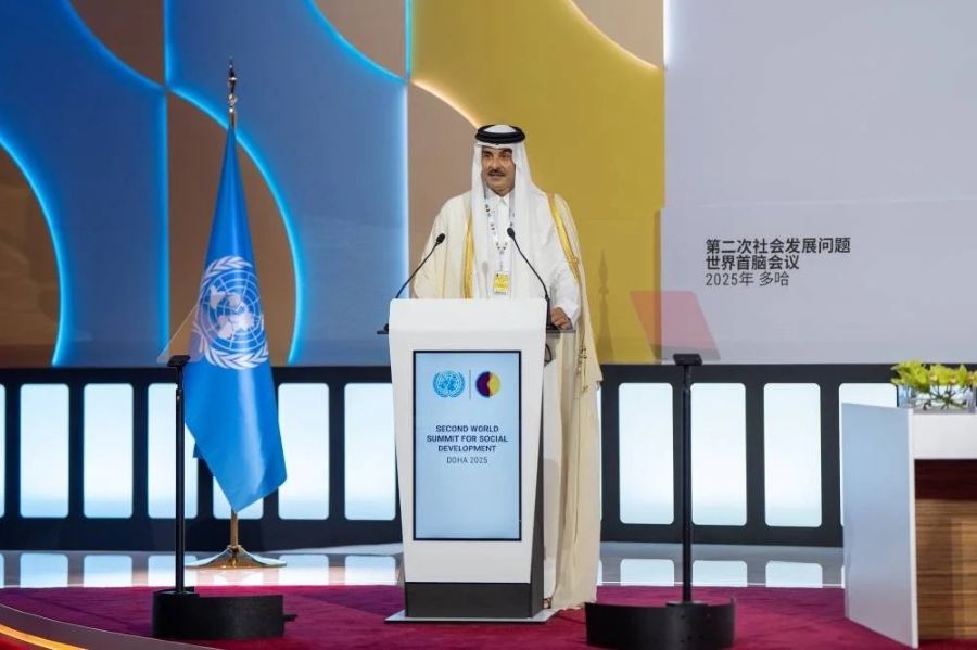 His Highness the Amir of Qatar Sheikh Tamim bin Hamad al-Thani addressing theSecond World Summit for Social Development in Doha on November 4 2025. Image credit Gulf Times 
