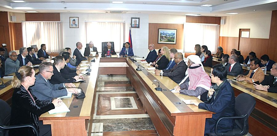 Secretary at the Ministry of Foreign Affairs Amrit Bahadur Rai briefing the members of the Diplomatic Missions, United Nations Agencies and International Organisations Based in Kathmandu on the upcoming elections to the Lower House of Parliament.