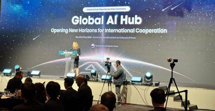 Director General Amy Pope joined the Government of the Republic of Korea and UN partners in Seoul for the Global AI Hub Vision Declaration Ceremony. Photo: IOM 2026