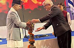 Vice President Vice President Ram Sahaya Prasad Yadav lightening Panas--a traditional brass oil lamp to begin the auspicious event of the 78th Independence Day of State of Israel in Kathmandu. EoI Photo