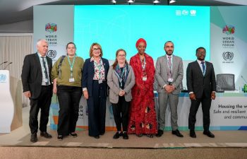 IOM Deputy Director General, Ugochi Daniels, with the panel members of session on Addressing internal displacement in devastated cities: Should housing and service provision take centre stage at the World Urban Forum. Photo: IOM 2026/Tatia Khubulava