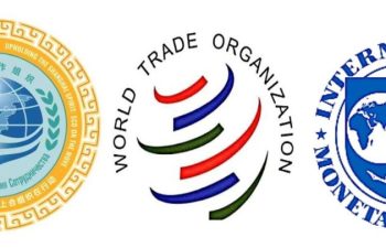 Logos of SCO, WTO, IMF