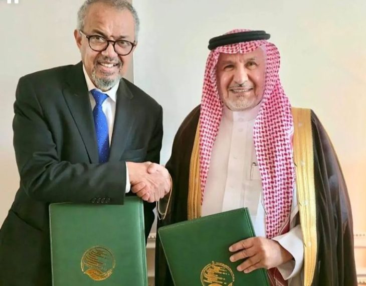 The agreement signed by Dr. Abdullah bin Abdulaziz Al Rabeeah, Advisor to the Royal Court and Supervisor General of KSrelief, and Dr. Tedros Adhanom Ghebreyesus, Director-General of WHO. Photo credit Saudi Press Agency