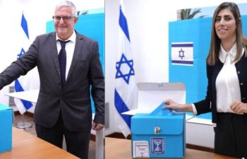 Ambassador of Israel to Nepal H.E. Shmulik Arie Bass (left) and Deputy Chief at Mission Ms. Janan Bebar (right) casting their votes voting for a new Israeli parliament at the Embassy of Israel in Nepal Thursday-15 October. Embassy Photo