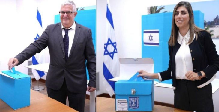 Ambassador of Israel to Nepal H.E. Shmulik Arie Bass (left) and Deputy Chief at Mission Ms. Janan Bebar (right) casting their votes voting for a new Israeli parliament at the Embassy of Israel in Nepal Thursday-15 October. Embassy Photo
